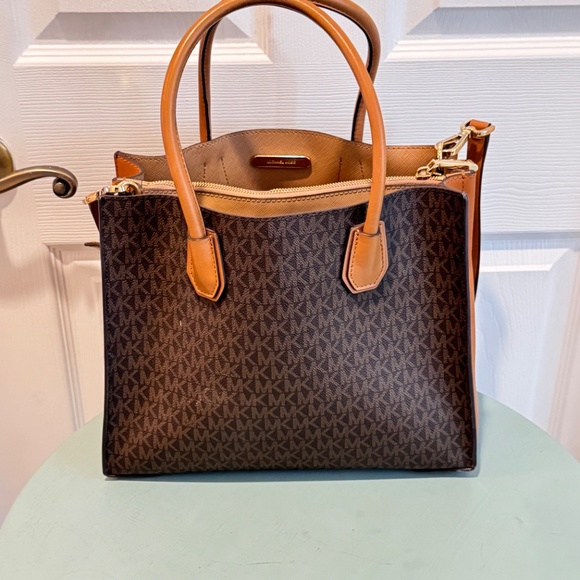 Michael Kors Woman's Logo Handbag, Chocolate Brown with Tan Leather - Picture 4 of 13
